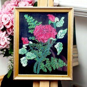 Vintage Red Roses Crewel Embroidery Art Gold Beaded Frame Floral Wall Decor